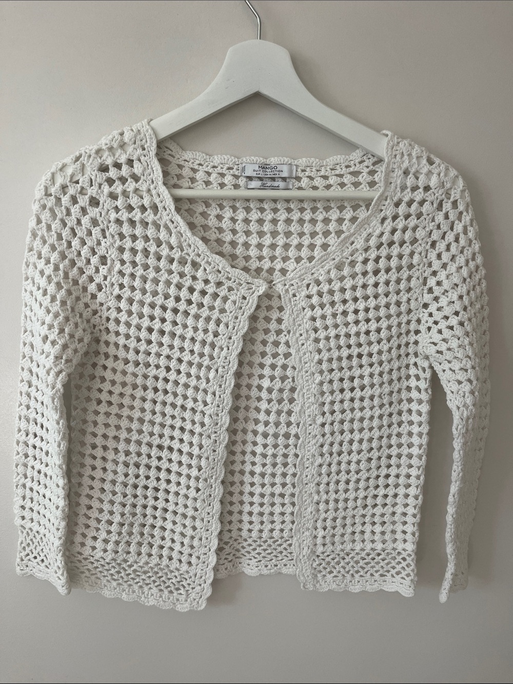 Mango White Handmade Open-Weave Crochet Cardigan.  No tag but it is 100% Cotton
